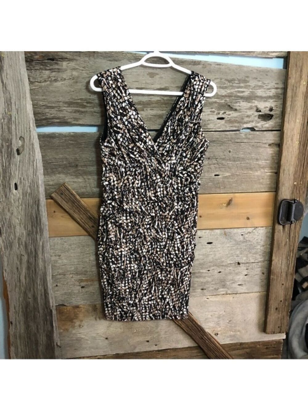 DRESS Barn Petite Size 8 Brown/Tan/White Crossover Top Sleeveless Dress
